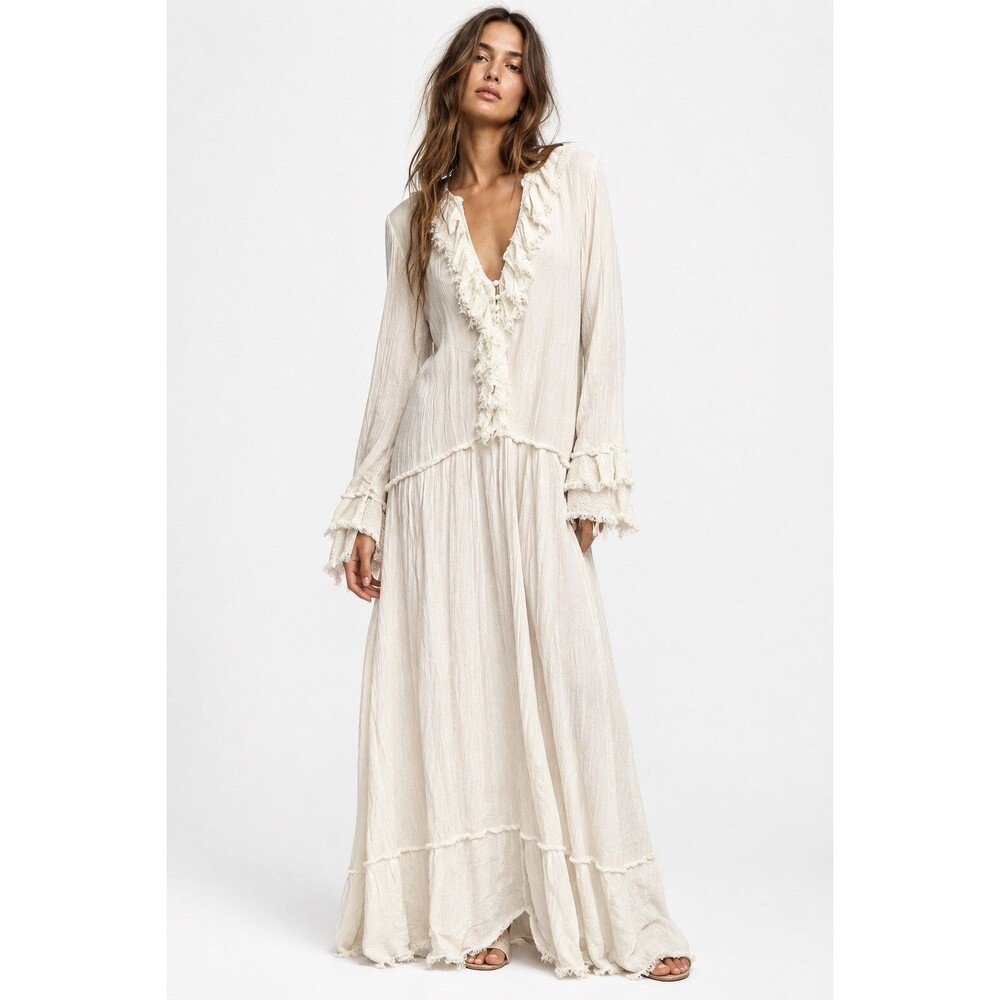 Free People Sweet Darlin Maxi Drop Waist long Sleeves WhiteTunic Dress size M